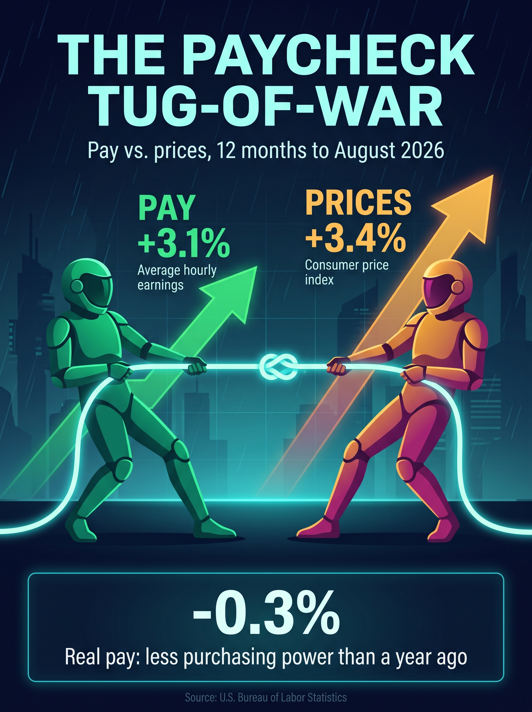 The paycheck tug-of-war: pay growth of 3.1% against price growth of 3.4% is a 0.3% loss in purchasing power. Sources: U.S. Bureau of Labor Statistics, average hourly earnings and CPI-U.